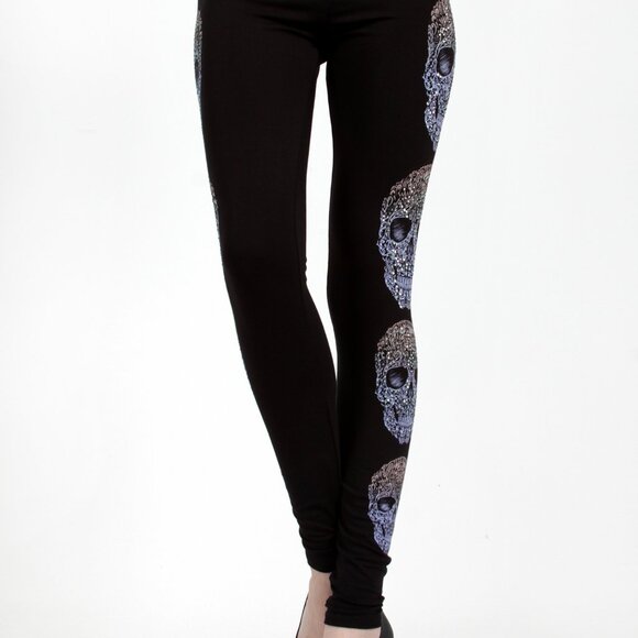 new VOCAL LEGGINGS skulls rhinestones Halloween party pants black SM-XXL gothic - Picture 2 of 5